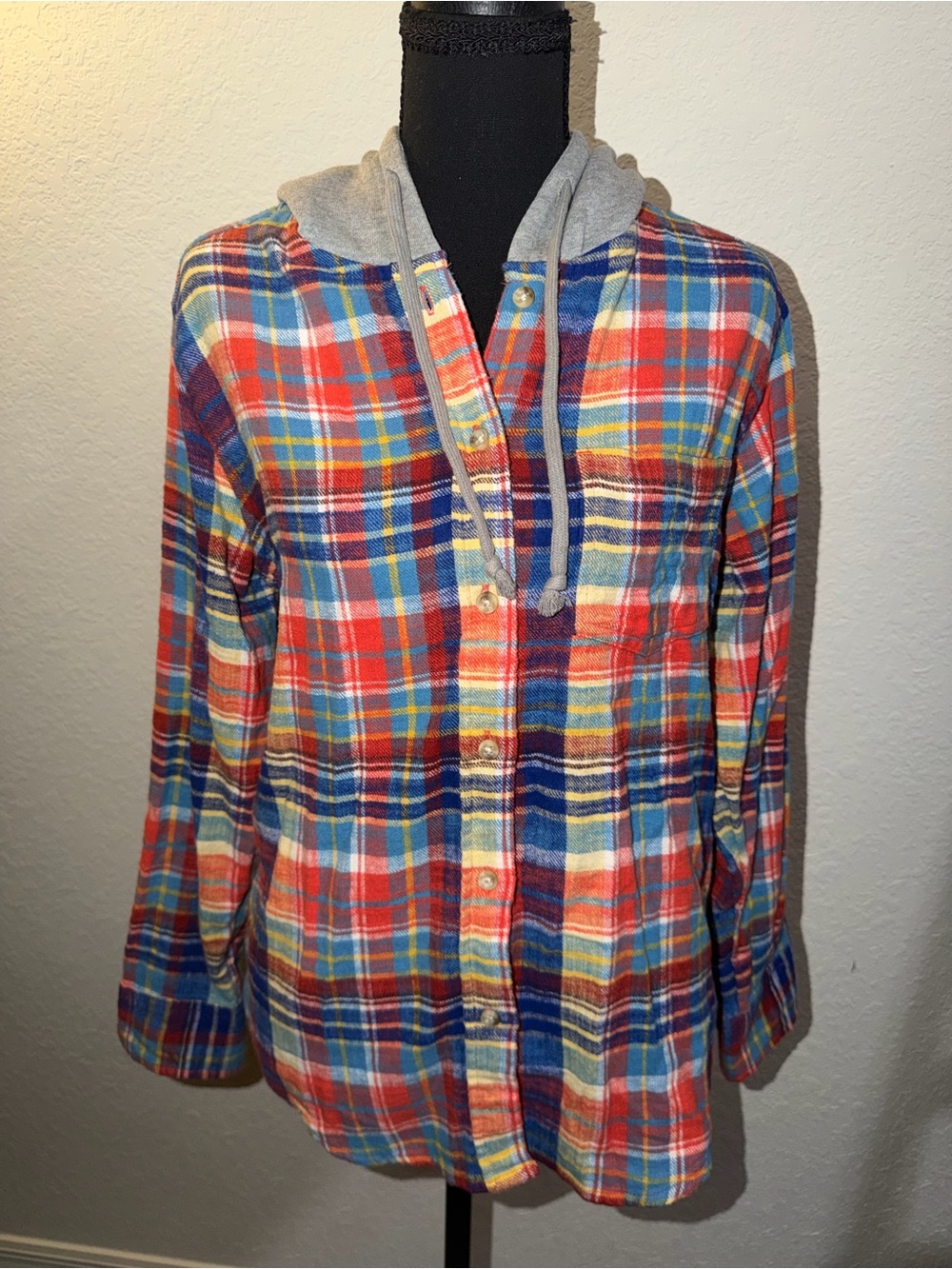 Time and Tru Red Blue Yellow Plaid Hooded Button-Down Shirt